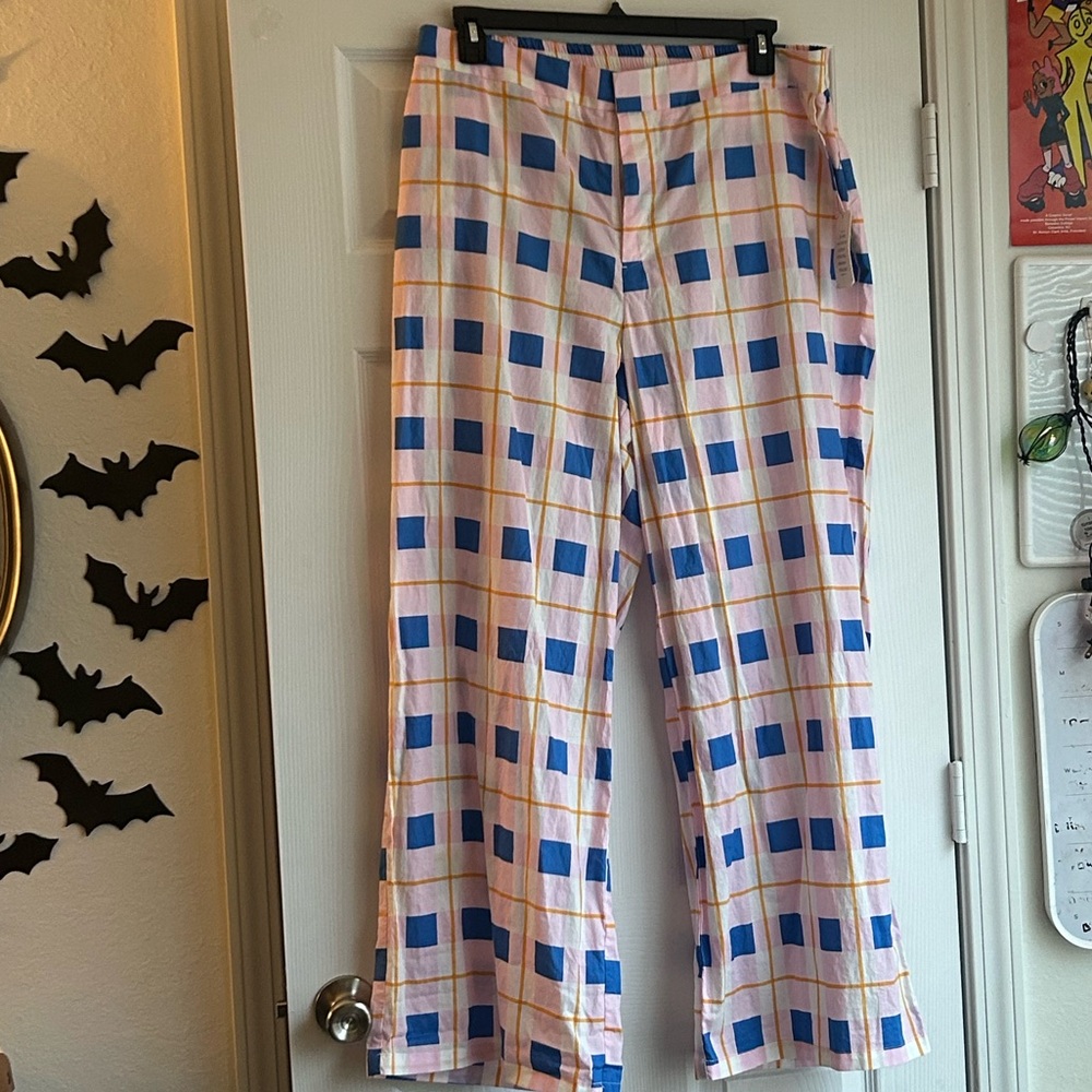 Eloquii Pink and Blue Checkered Sheer* Pants with Pockets Size 16